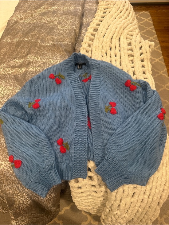 Forever 21 Sweaters - Blue Cherry Embroidered Open-Front Sweater Cardigan - Women